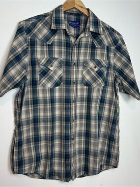 Pendleton High Grade Western Wear Blue Plaid Snap Shirt Size-Large
